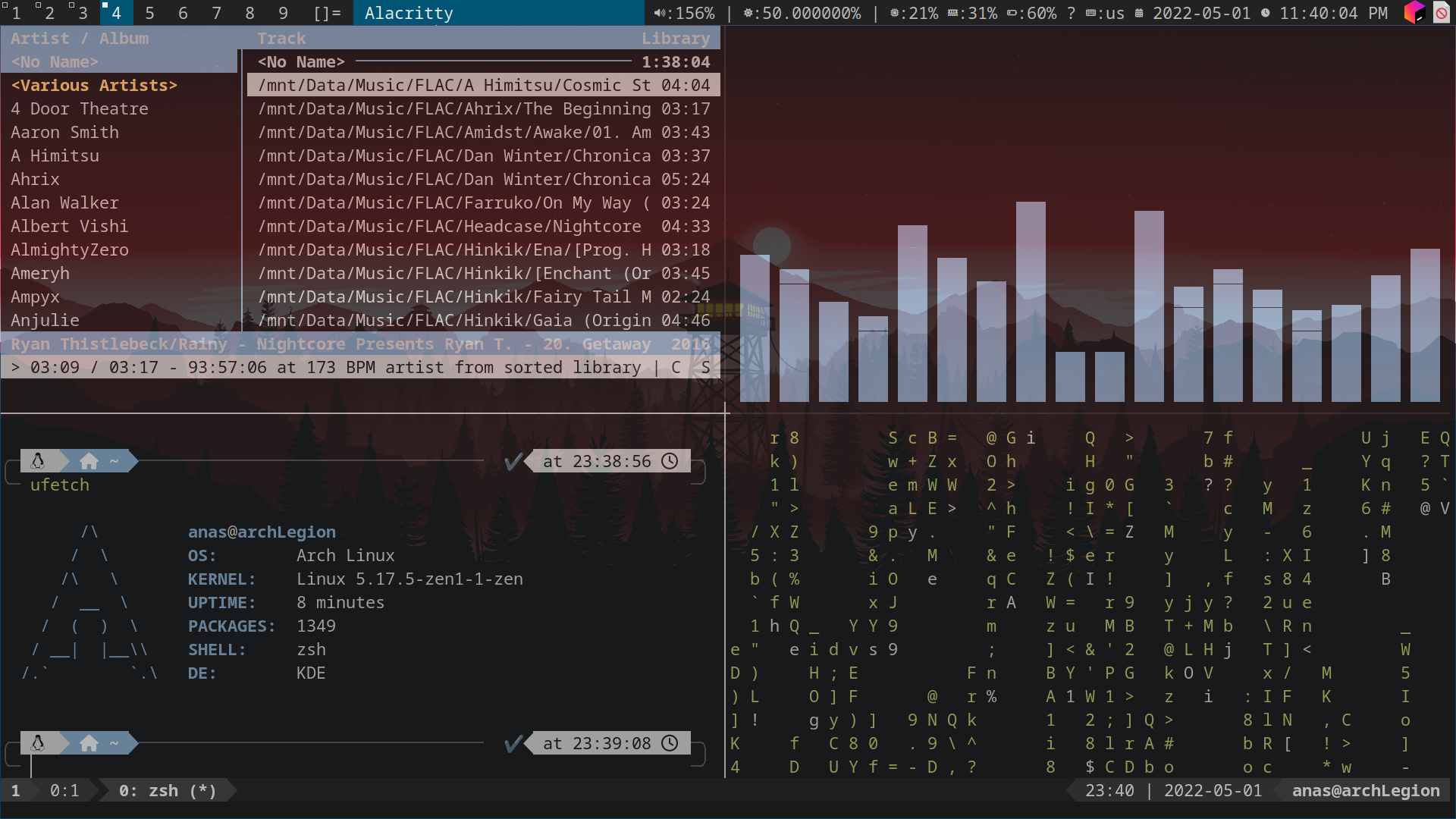 terminal and tmux and dwm and cava and cmus and zsh and ufetch and cmatrix